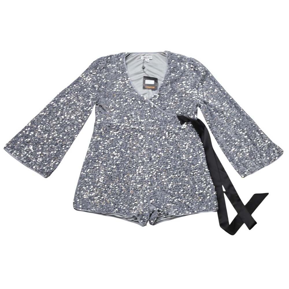 Unique21 Sequin Romper Women L Silver Excellent Wrap V-Neck Bell Sleeve Party